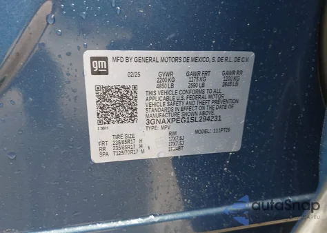 2025 Chevrolet Equinox Awd Lt from USA, damaged, VIN 3GNAXPEG1SL294231